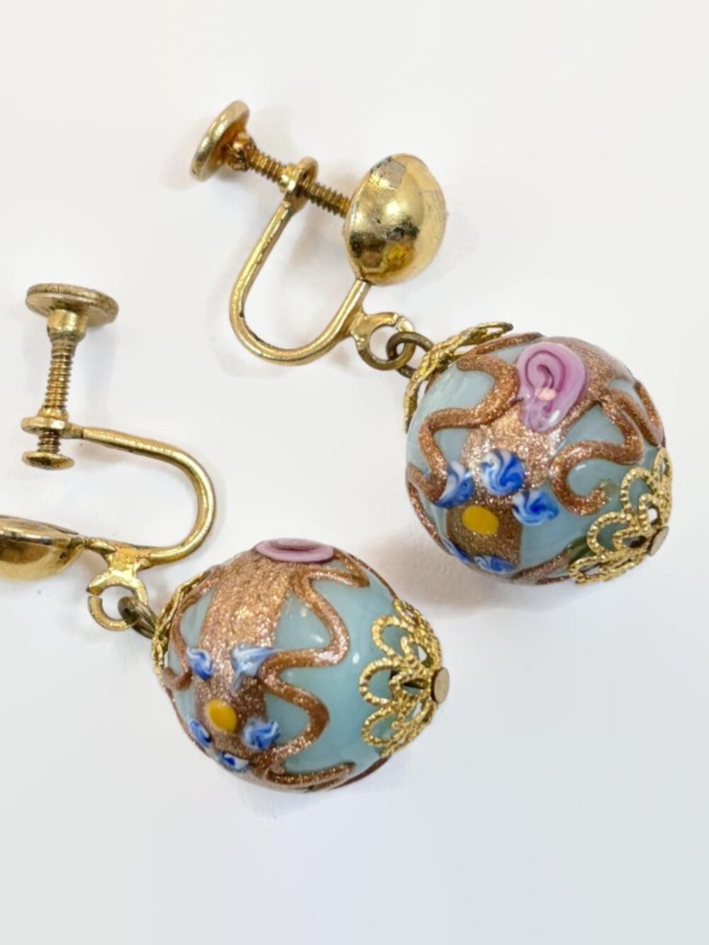 Vintage Wedding Cake Earrings:  30s, Venetian Murano Blue Pink Glass Flowers